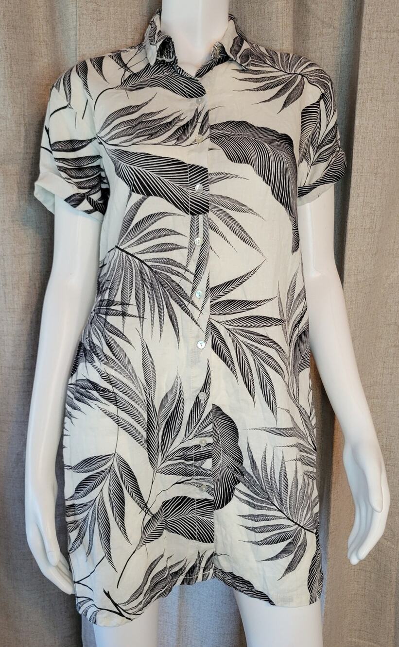 Tahari 100% Linen Shirt Dress Button Down Boho Palm Black White Short Sleeve XS